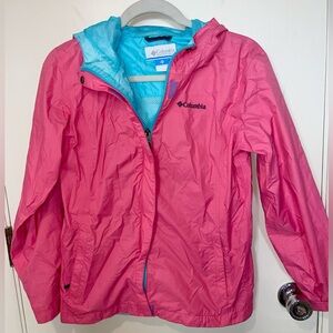 Columbia girls Arcadia Rain Jacket Lg Pink w Blue Interior coat waterproof hood
